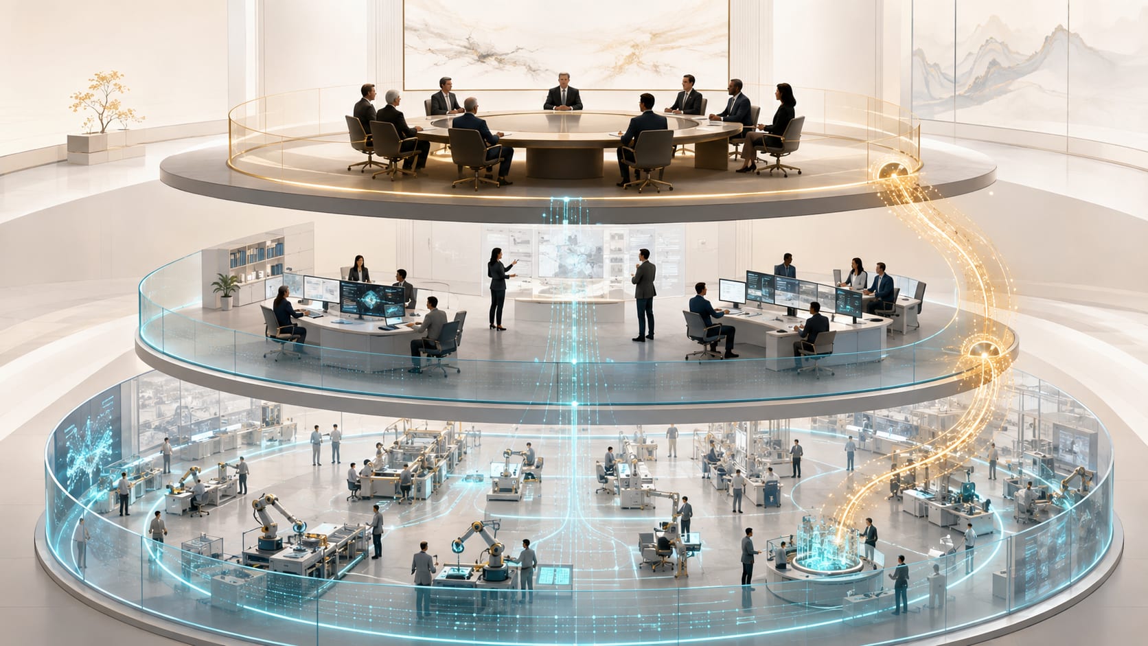Board, management, and operations occupy distinct levels of a governed enterprise, with authority flowing downward and evidence returning upward.