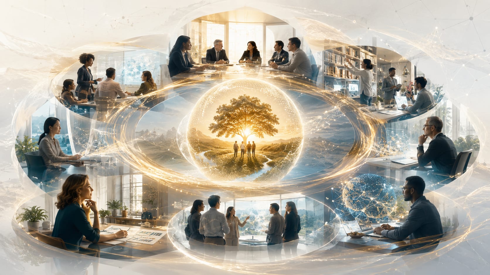 People, decisions, knowledge, systems, evidence, and learning operate around one shared enterprise outcome.