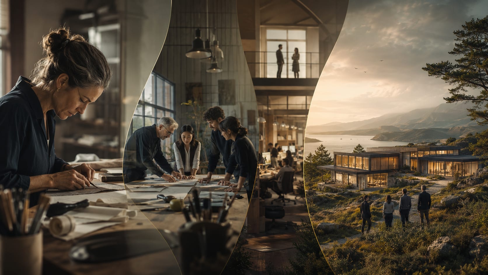 Three connected scenes show individual expertise, coordinated team capability, and a durable independent enterprise.