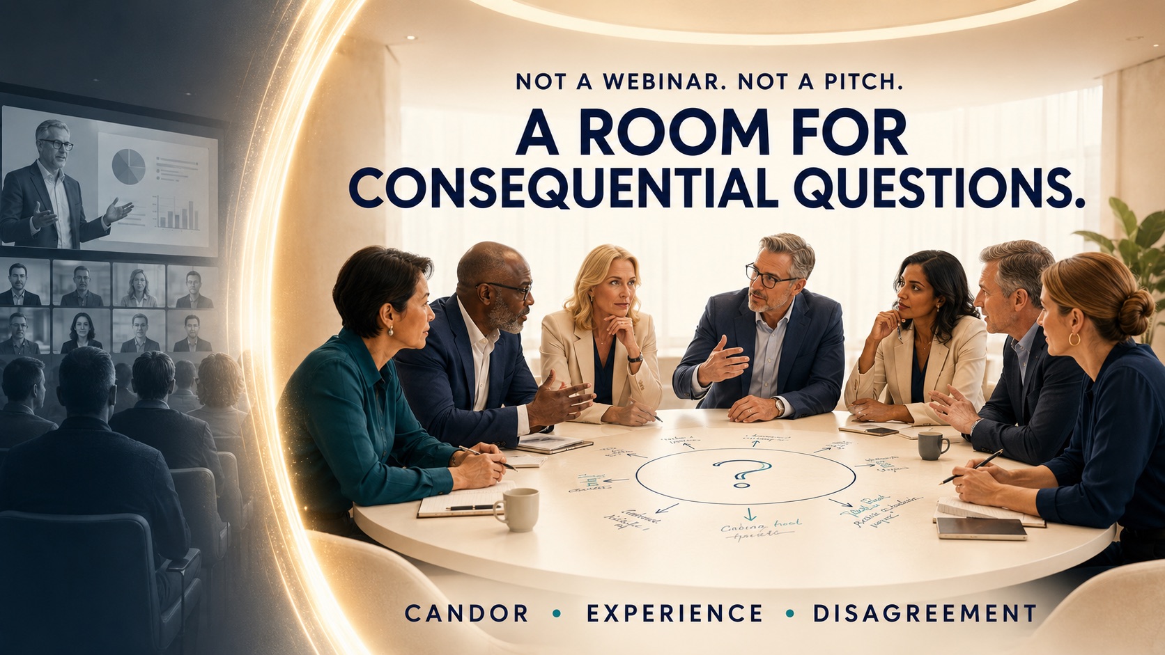 A passive webinar gives way to a small circular executive conversation centered on a consequential question.