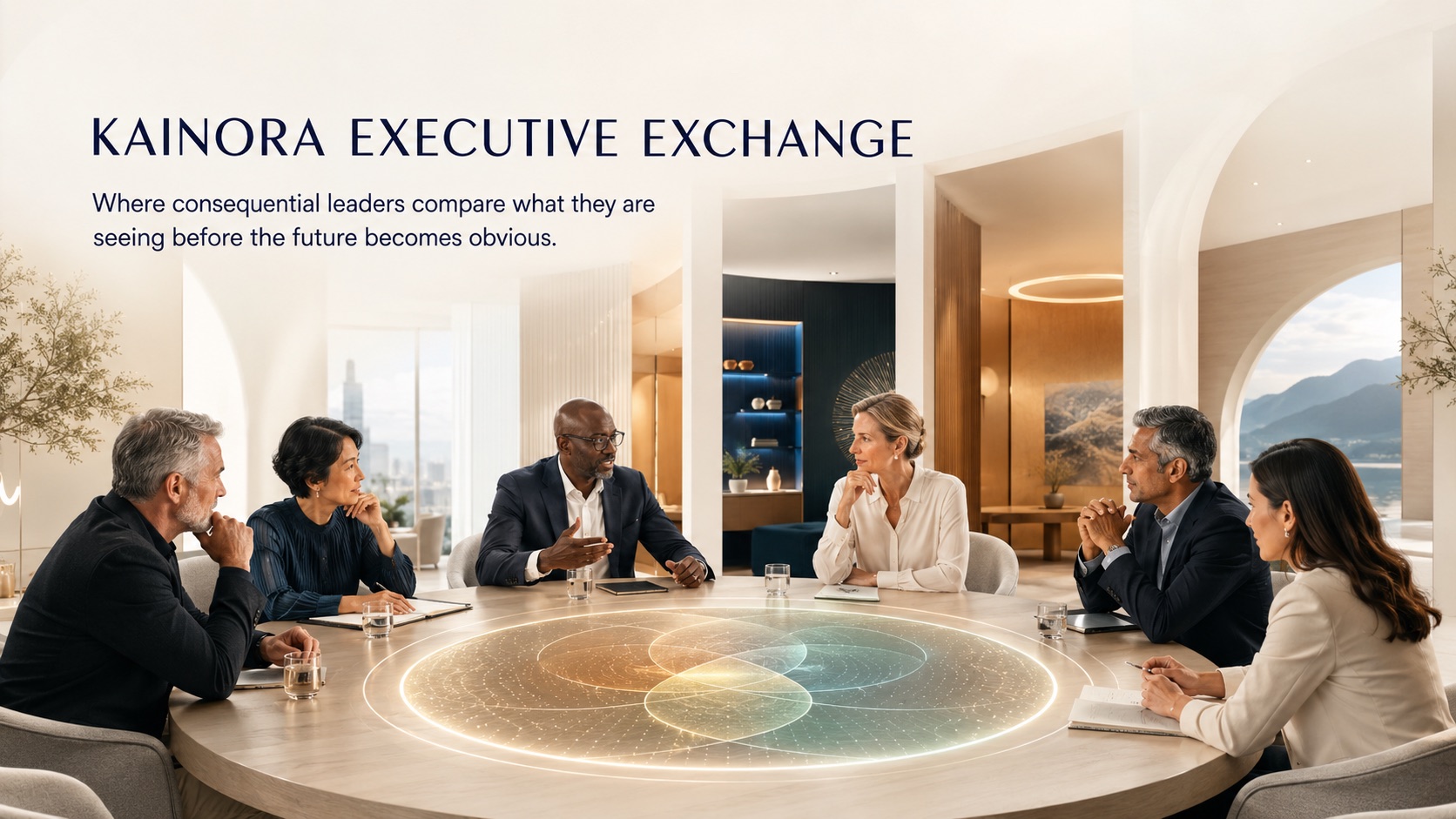 Senior executives exchange perspectives around a circular table representing shared intelligence and open inquiry.