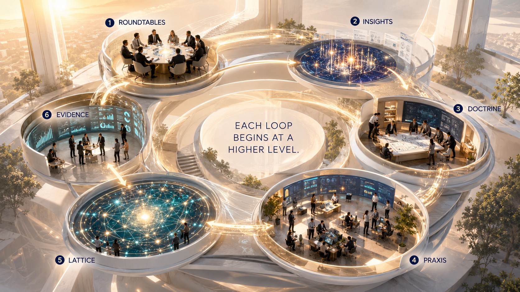 A recursive loop connects roundtables, insights, doctrine, Praxis, Lattice, evidence, and the next roundtable.