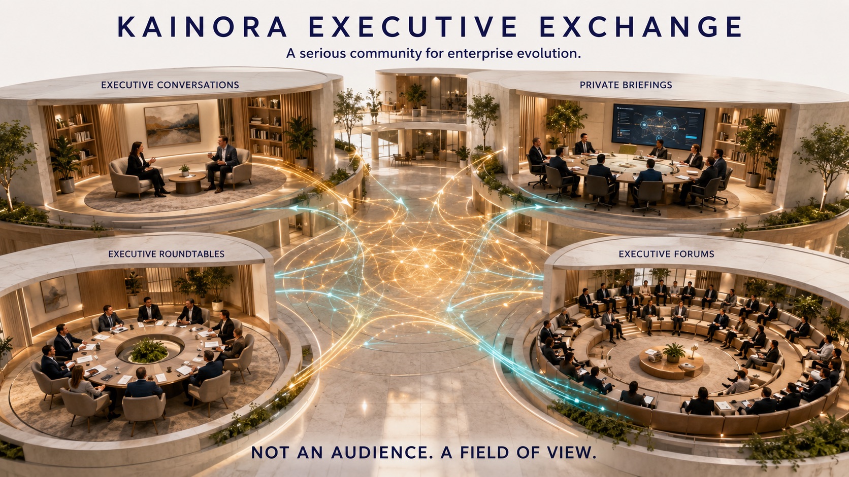 Four connected spaces represent executive conversations, private briefings, roundtables, and forums sharing one field of insight.