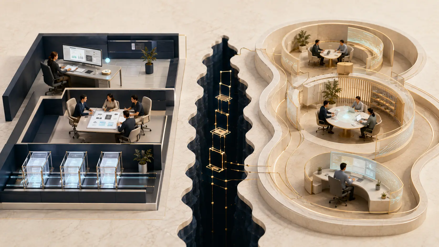 A modern productivity system of individual work, team workflow, and governed automation is separated by a deep chasm from an interconnected enterprise environment designed for new capabilities, shared intelligence, and continuous evolution.